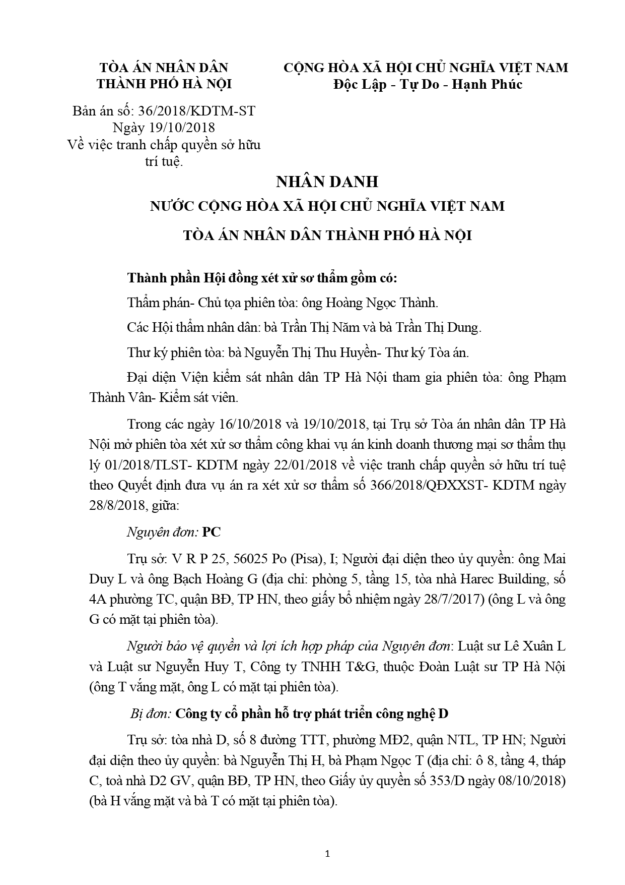 Bản án số 36/2018/KDTM-ST của Tòa án nhân dân thành phố Hà Nội